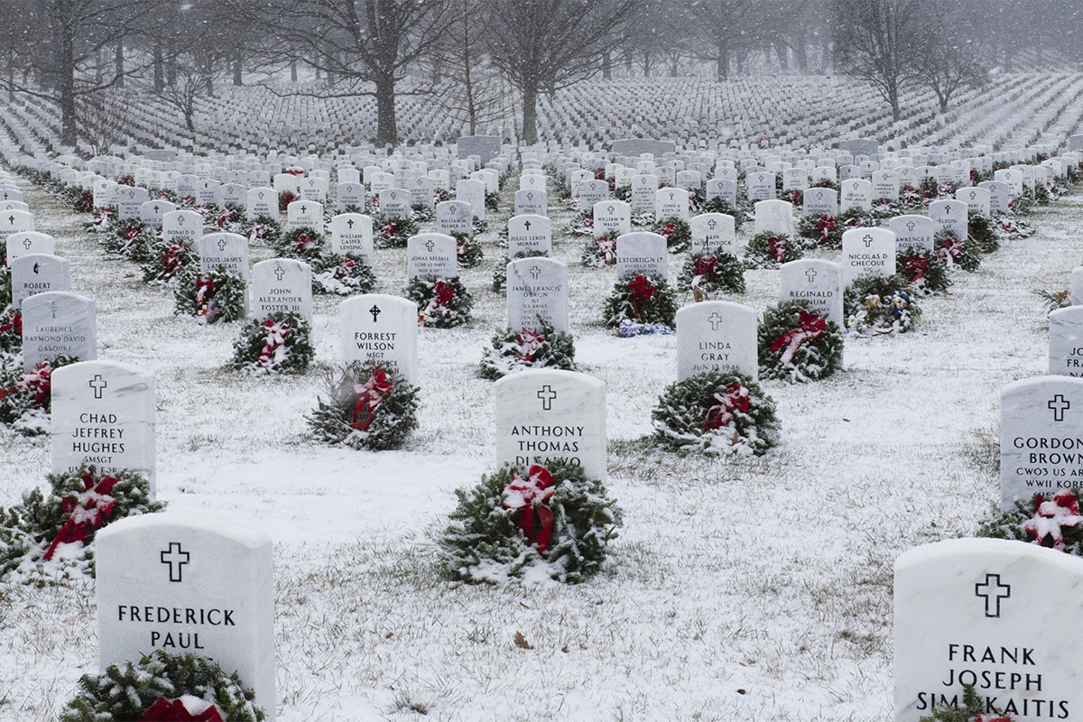 Snow falls on Arlington National Cemetery