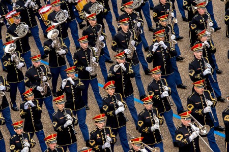 Musicians with the U.S. Army Band, &#34;Pershing&#39;s Own,&#34; march past the White House reviewing stand during the 58th Presidential Inauguration Parade in Washington D.C., Jan. 20, 2017. More than 5,000 military members from across all...