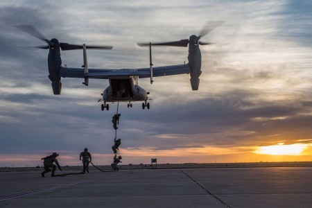 Green Berets assigned to 3rd Special Forces Group (Airborne), fast rope from a CV-22 Osprey, Feb. 27, 2017, at Cannon Air Force Base, N.M.