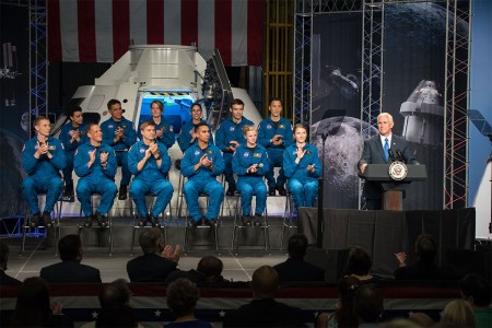 Mike Pence delivers remarks during an event where NASA introduced 12 new astronaut candidates, among them Dr. Francisco Rubio, a major serving as a sugeon for the 10th Special Forces Group, at NASA&#39;s Johnson Space Center in Houston, Texas. After completing two years of training, the new astronaut candidates could be assigned to missions performing research on the International Space Station, launching from American soil on spacecraft built by commercial companies, and launching on deep space missions on NASA&#39;s new Orion spacecraft and Space Launch System rocket