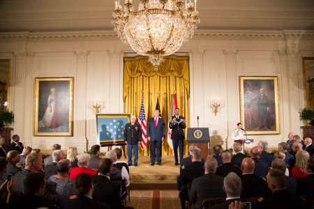 President Donald J. Trump hosts the Medal of Honor ceremony for former Spc. 5 James C. McCloughan at the White House in Washington, D.C., July 31, 2017. McCloughan was awarded the Medal of Honor for distinguished actions as a combat medic assigned...