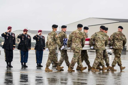 Soldiers from the 3rd U.S. Infantry Regiment (The Old Guard), conducted a dignified transfer at Dover Air Force Base, Del., Aug. 15, 2017. Sgt. Allen L. Stigler Jr. died in Iraq and will be laid to rest at Arlington National Cemetery.