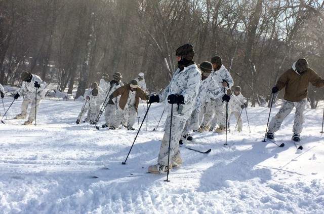 Cold Weather Operations Course students practice skiing at Fort McCoy