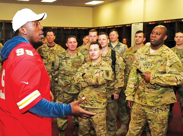 Players from the Kansas City Chiefs joined with Soldiers from the 1st Infantry Division to talk organizational dynamics.