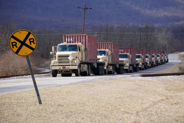 The 432nd Transportation Company, U.S. Army Reserve - Puerto Rico lines up prior to unloading shipping containers at Letterkenny Munitions Center in support of Operation Patriot Bandoleer.