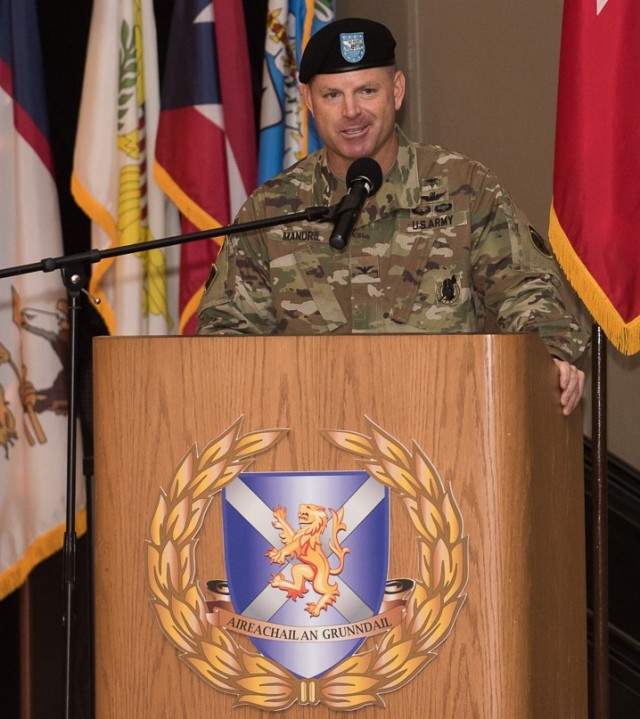 Col. Edward Mandril addresses the audience during the Medical Recruiting Brigade Change of Command