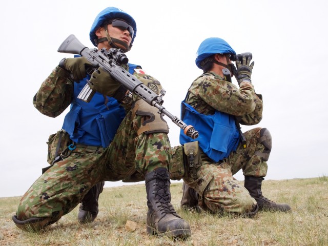 Japan Ground Self-Defense Force soldiers train for UN patrolling in Mongolia