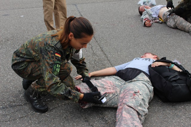 German soldier provides aid during medical exercise at LRMC