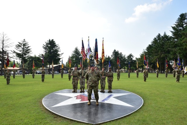 Col. Brandon D. Newton, U.S. Army Garrison Camp Red Cloud and Area I commander, commences the U.S. Army Garrison Camp Red Cloud Inactivation Ceremony 