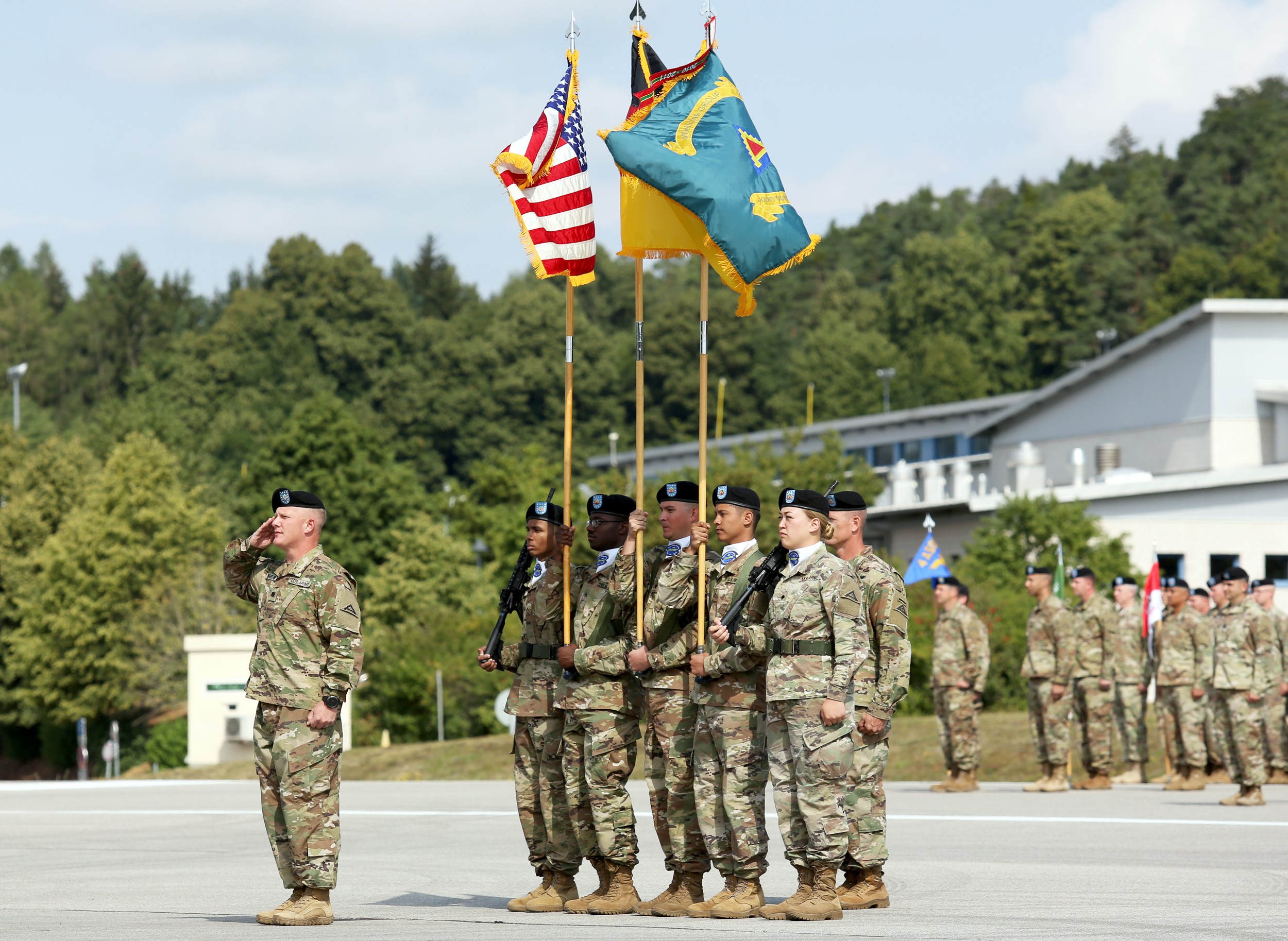 U.S. Army Col. Curtis Buzzard, Commander of the Joint Multinational  Readiness Center Operations Group, briefs distinguished visitors,  Hohenfels, Germany, May 3, 2018. Various military and civilian officials  came to Hohenfels to see