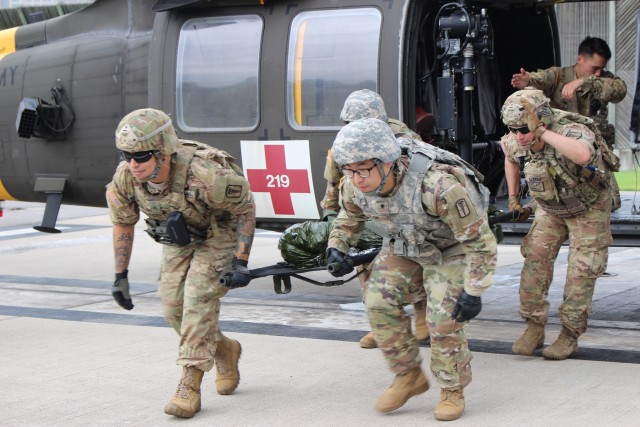 Unloading a patient from the helicopter