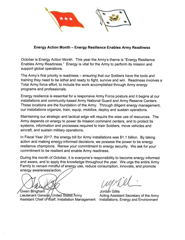 Senior Leader Memorandum: Energy Action Month - Energy Resilience Enables Army Readiness