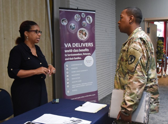 Andrea Waugh-Caldwell informs Soldier about VA benefits