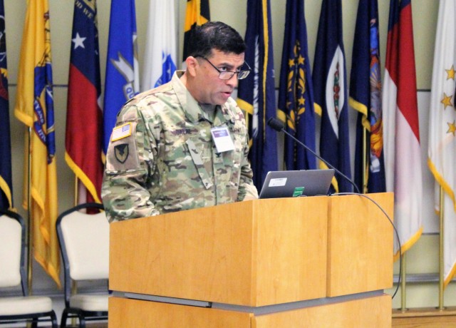 Col. Stephen Dalal, Congressionally Directed Medical Research Programs director, speaks at the 2018 Neurological Disease Review and Analysis Meeting Sept. 17, at Fort Detrick. The Defense Health Progr