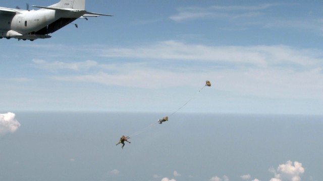 Special Operations Command Soldiers test RA-1 Double Bag Static Line Parachute System, USASOC C-27J aircraft compatibility