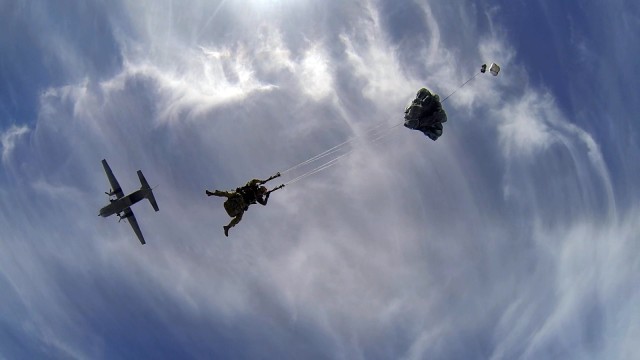 Special Operations Command Soldiers test RA-1 Double Bag Static Line Parachute System, USASOC C-27J aircraft compatibility