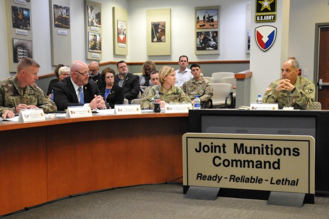Brig. Gen. Michelle M. T. Letcher briefs Gen. Gus Perna on JMC's 2019-2020 Campaign Plan.