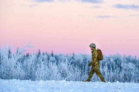 A paratrooper walks to the rally point after completing an airborne training jump at Malemute drop zone, Joint Base Elmendorf-Richardson, Alaska, Jan. 9, 2018. The Soldiers of 4th Infantry Brigade Combat Team (Airborne), 25th Infantry Division,...