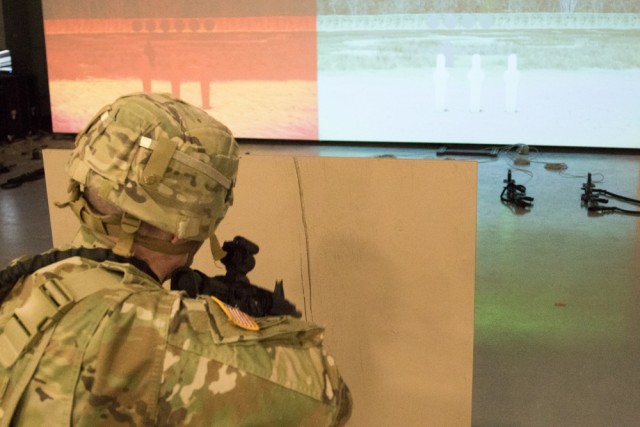 Fort Drum Soldiers training with the Army's Squad Advanced Marksmanship Trainer (SAM-T)