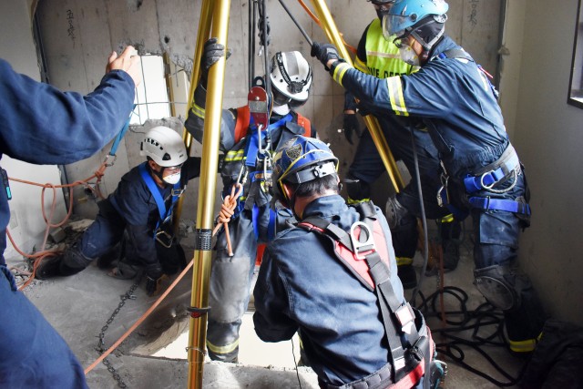 U.S. military firefighters train for earthquakes at Camp Zama