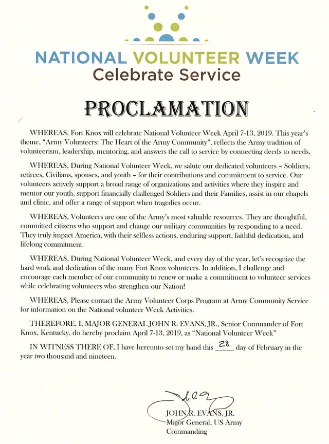 Fort Knox commander delivers Volunteer Week proclamation