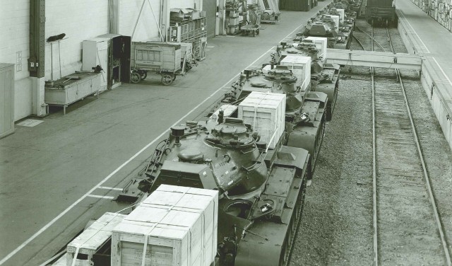 Tanks and other weapons and equipment were loaded directly onto railcars inside Building 299 during World War II.