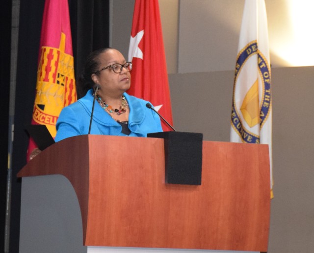 Wayne County Prosecutor Kym Worthy addresses the Detroit Arsenal workforce