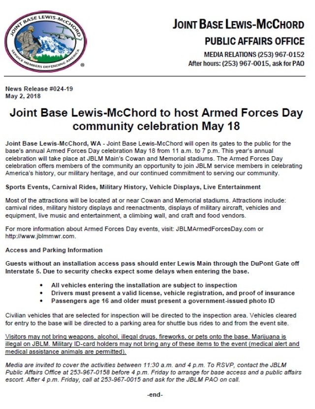 Joint Base Lewis-McChord to host Armed Forces Day community celebration May 18 