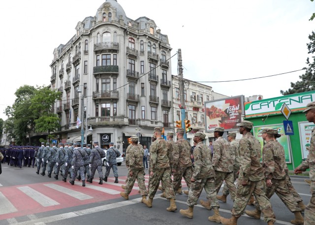 U.S. Soldiers march in Romanian parade