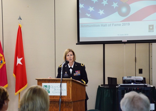 Brig. Gen. Michelle M. T. Letcher, Commanding General, Joint Munitions Command, delivers the keynote address