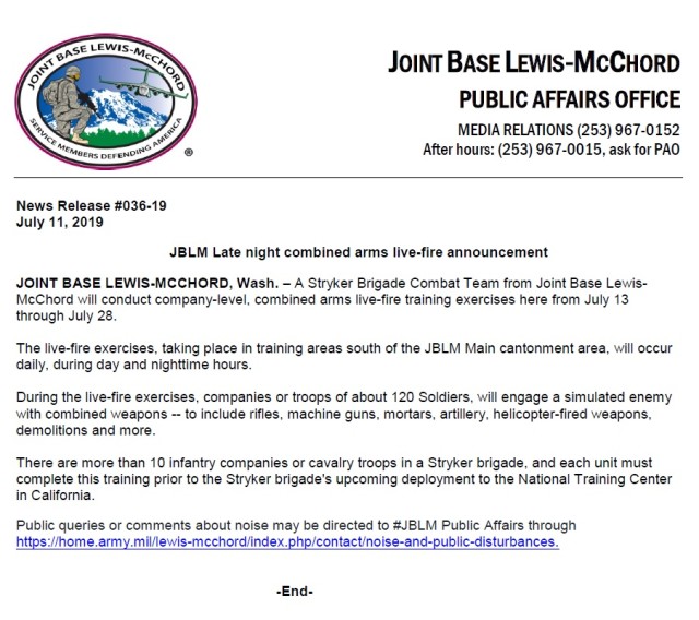 JBLM Late night combined arms live-fire announcement