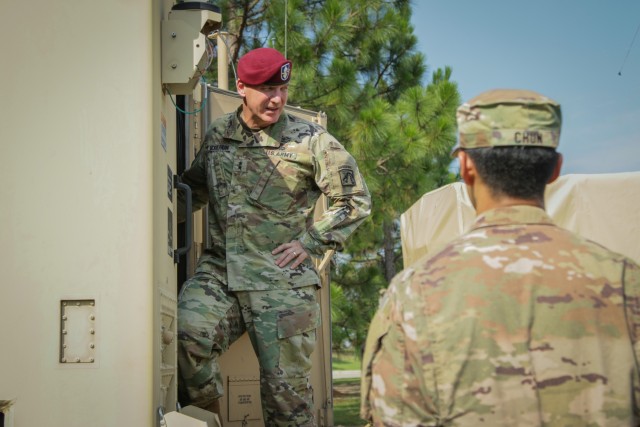 Maj. Gen. Brian J. McKiernan inspects a vehicle of the 519th Military Intelligence Battalion