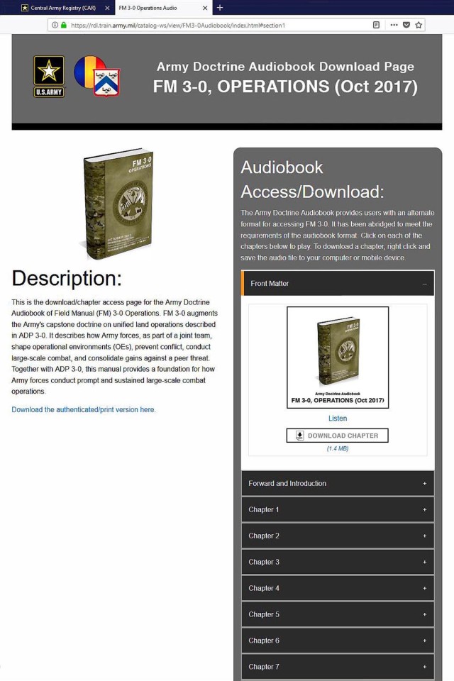 Field Manual 3.0 audiobook goes into the field - and anywhere Soldiers do.