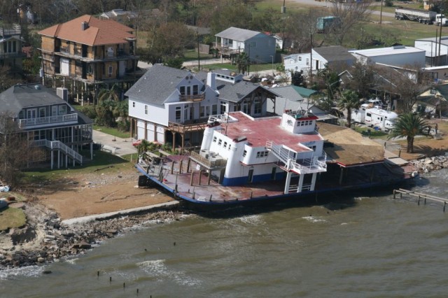 Aerial photo of a boat washed up on shore on the Texas Coast in the aftermath of Hurricane Ike