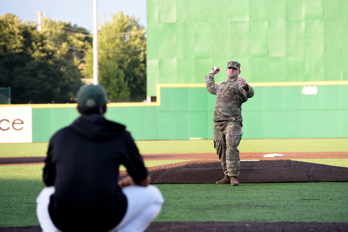 Soldier receives honor throwing in a first pitch at Joliet Slammers