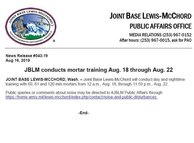 JBLM conducts mortar training Aug. 18 through Aug. 22 