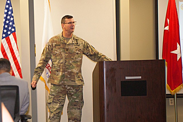 Maj. Gen. Jeffrey Drushal addresses the employees of the Security Assistance Management Directorate
