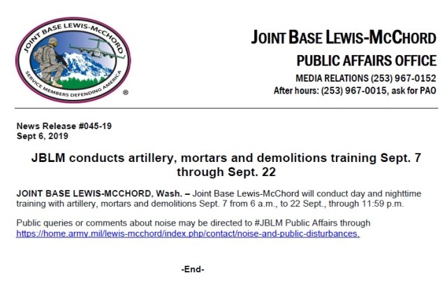 JBLM conducts artillery, mortars, demolitions training Sept. 7-22