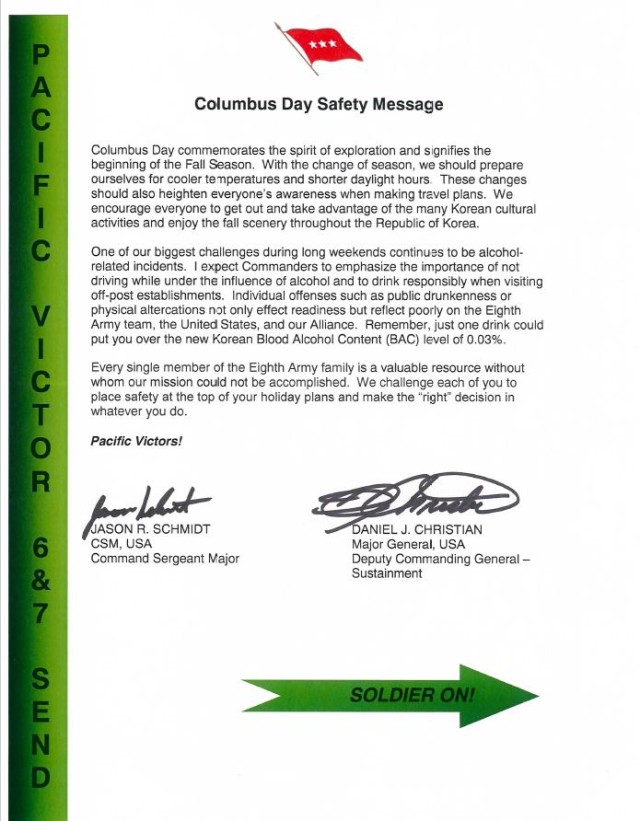 Columbus Day Safety Message