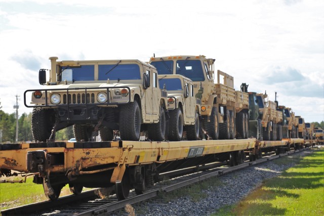 Engineer unit's equipment loaded on railcars at Fort McCoy for deployment