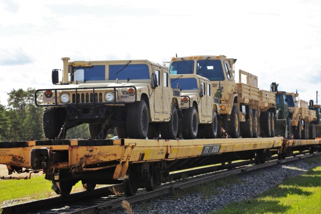 Engineer unit's equipment loaded on railcars at Fort McCoy for deployment