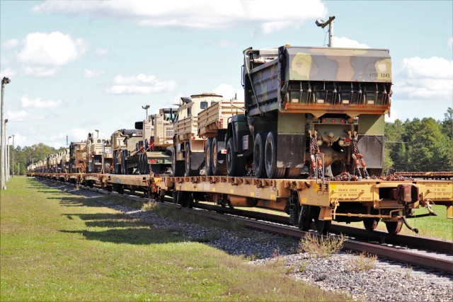 Engineer unit's equipment loaded on railcars at Fort McCoy for deployment