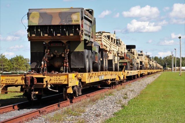 Engineer unit's equipment loaded on railcars at Fort McCoy for deployment
