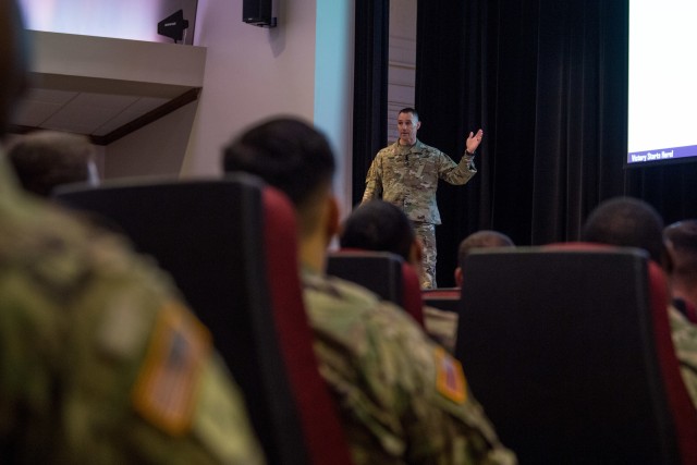 TRADOC Command Sgt. Maj. Timothy A. Guden leads a professional development session at Joint Base Langley-Eustis