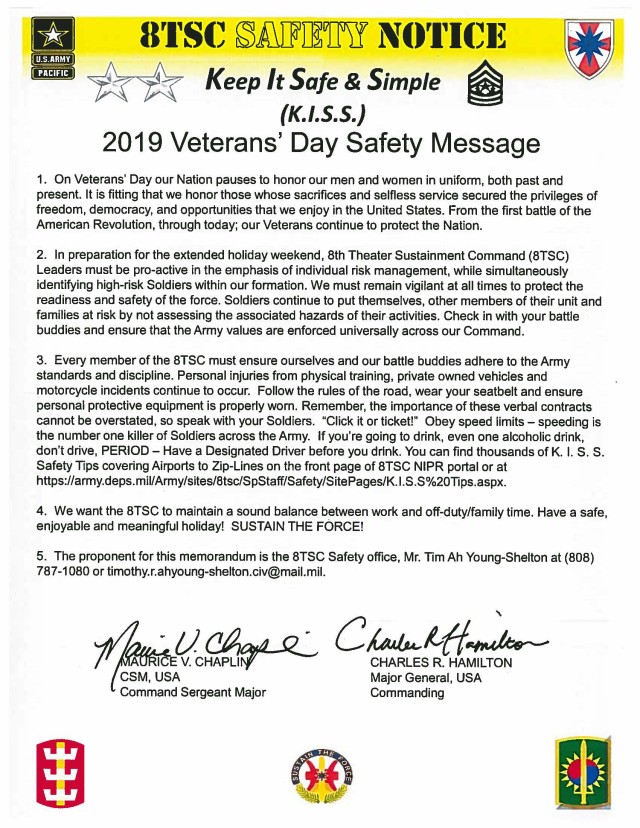 2019 Veteran's Day Safety Message