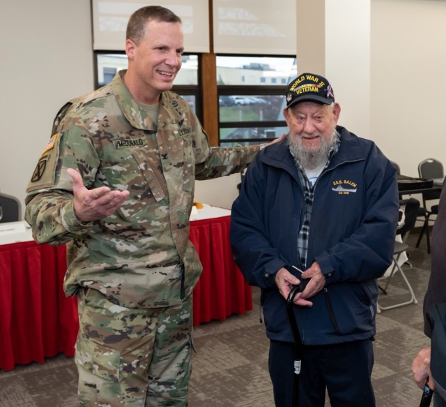 Tobyhanna Army Depot Commander Col. John McDonald with World War II Navy veteran, Lawrence Flowers from Pocono Pines