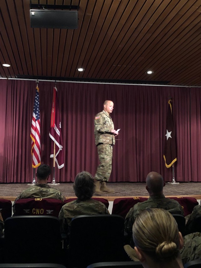 Brig. Gen Jack Davis addresses the Army Nurse Corps during a townhall