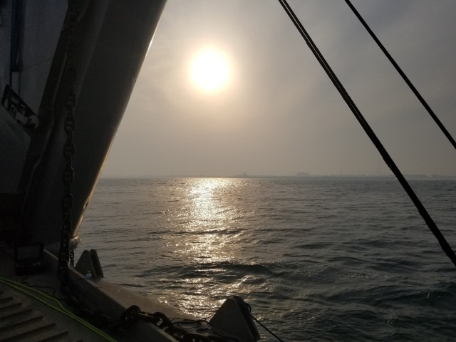 Sunset as viewed from the front ramp area of the Army Logistic Support Vessel-5 (LSV-5)