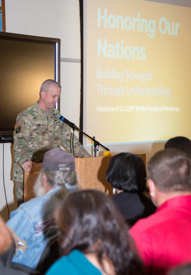 Garrison Commander Col. Gregory Ford introducing guest speaker Louise Miranda Ramirez, Chairwoman of the Ohlone/Costanoan-Esselen Nation.