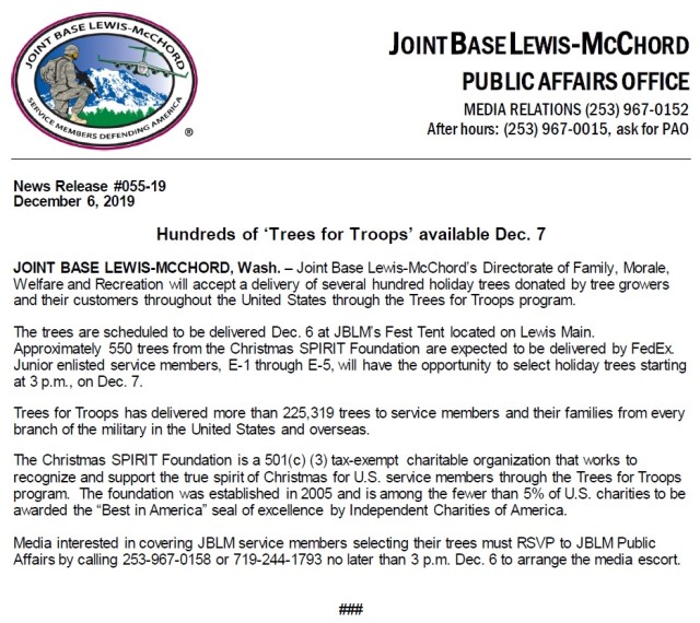 Hundreds of 'Trees for Troops' available Dec. 7